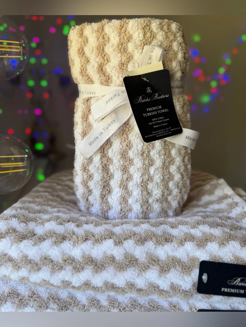4 pc BROOKS BROTHERS Tan White THICK PLUSH Bath Hand Tip TURKISH Towel Set New